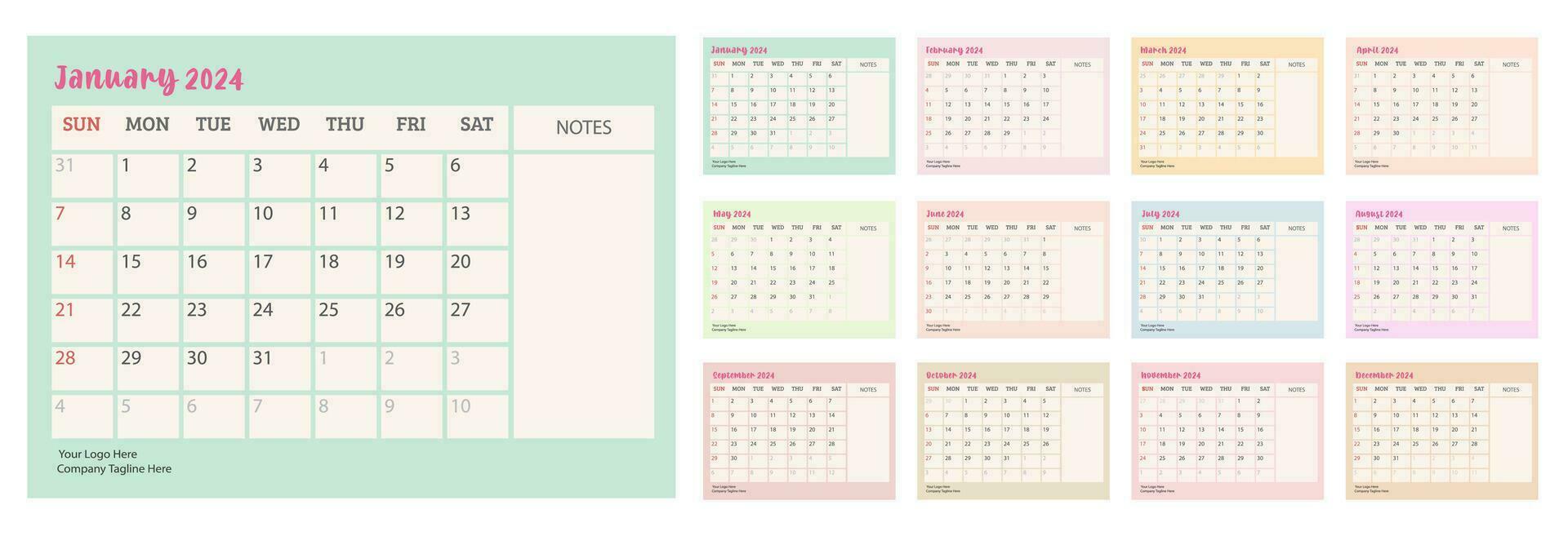 skrivbord kalender 2024 med minimal design och färgrik en gång i månaden sidor. vecka Start på söndag. använda sig av som planerare, företag mall , schema, etc. vektor