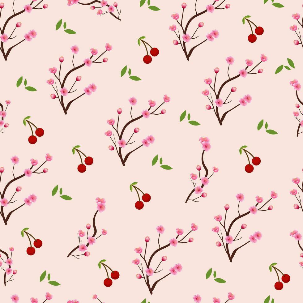 vektor sömlös mönster med röd körsbär bär med skön körsbär blomma blommor.