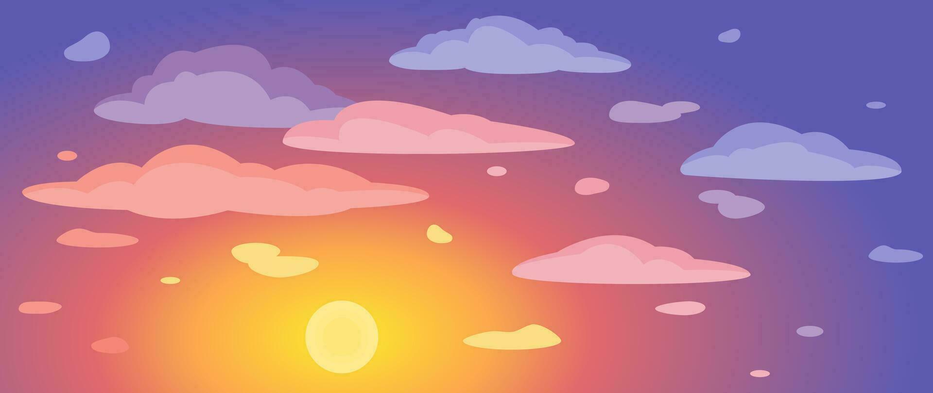 Hintergrund von das Abend Himmel, Sonnenuntergang und Wolken. Vektor Illustration zum Abdeckung, Banner, Poster, Netz und Verpackung.