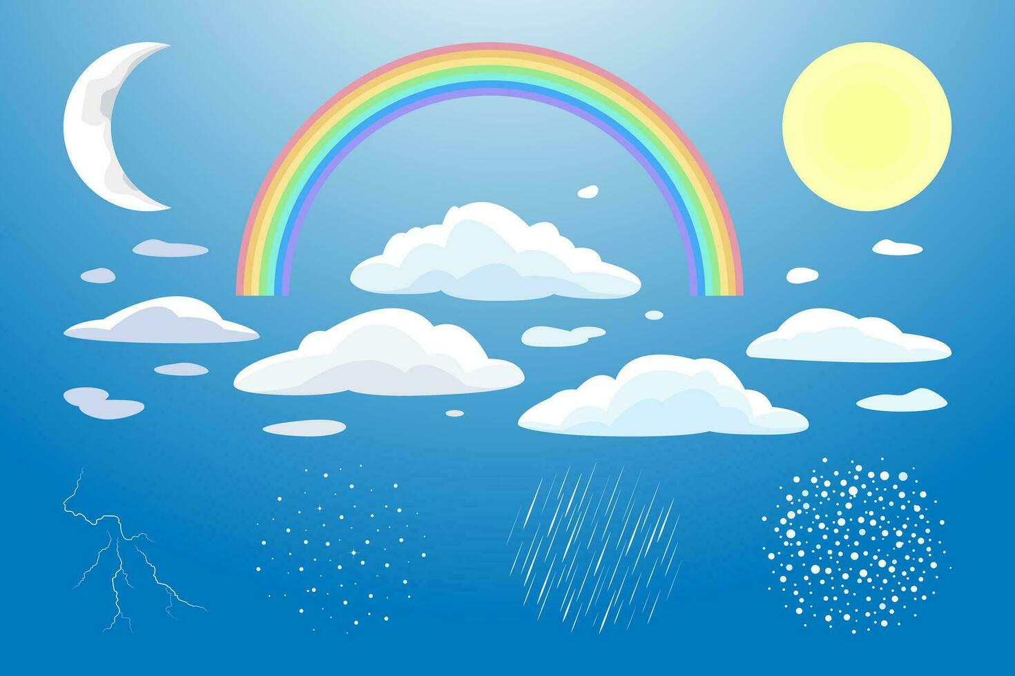 einstellen von Wetter Elemente. Sonne, Mond, Regenbogen, Wolken, Sterne, Schnee, Regen, Blitz. Vektor Illustration.