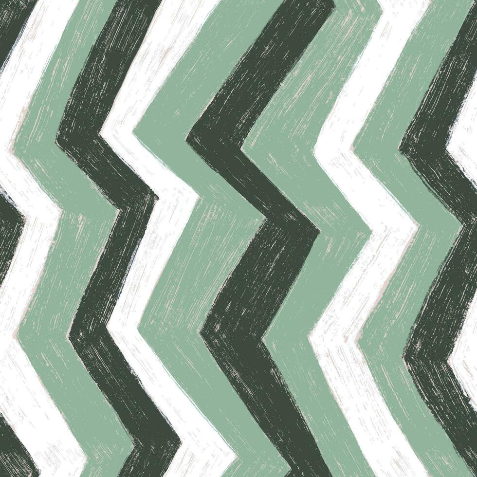Hand gezeichnet nahtlos Zickzack- Muster. gemalt mit Kreide Grün, Weiß und grau Textur mit Grunge Wirkung. Vertikale geometrisch gebrochen Streifen, Polylinien. vektor