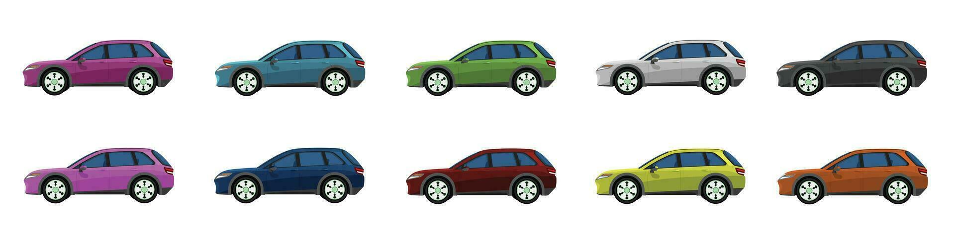 Vektor oder Illustrator von Schrägheck Autos bunt Sammlung. Design von elektrisch Fahrzeuge Wagen. bunt Autos mit trennen Lagen. auf isoliert Weiß Hintergrund.