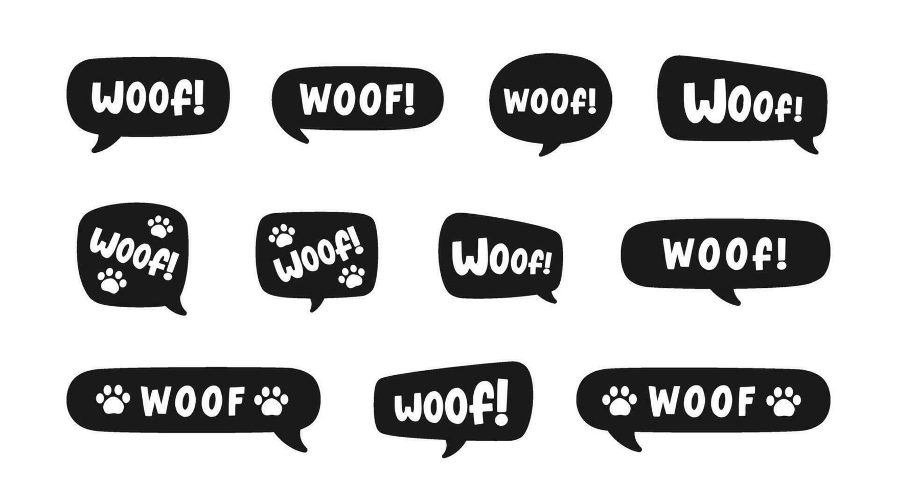 väft text i en Tal bubbla ballong silhuett uppsättning. söt tecknad serie serier hund bark ljud effekt och text. vektor illustration.