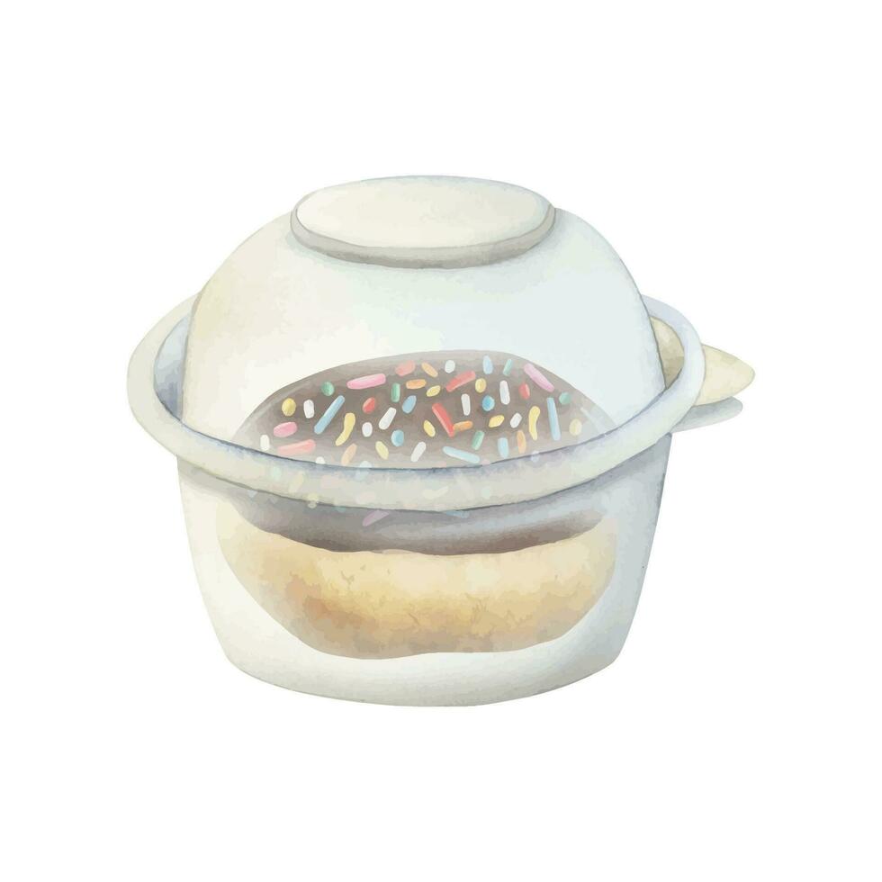 Schokolade glasiert Krapfen im Plastik Box zum wegbringen und nehmen aus Aquarell Vektor Illustration. transparent Container