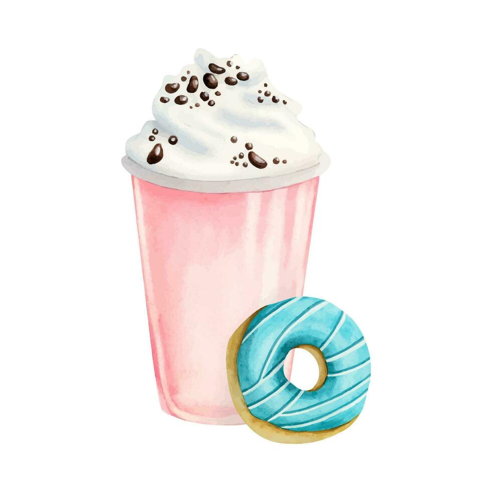 rosa milkshake med vispad grädde och runda kricka blå glaserad munk vektor vattenfärg illustration. snabb mat ljuv efterrätt