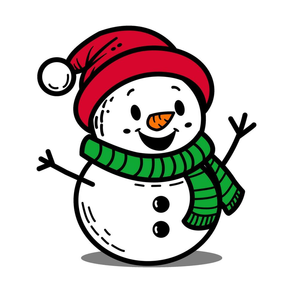 vektor tecknad serie karaktär snögubbe med röd santa hatt, hand dragen isolerat på vit bakgrund