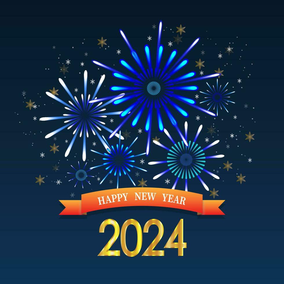 2024 glansig gyllene siffra med fyrverkeri och snöflingor på blå bakgrund. Lycklig ny år och glad jul Semester hälsning kort vektor illustration.