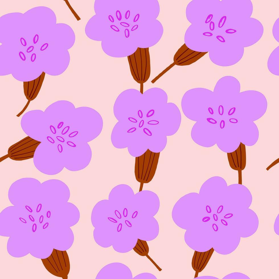 Vektor nahtlos Muster mit einfach violett Blumen auf Beige Hintergrund. einfach Gekritzel Blumen, Frühling blühen Muster Design