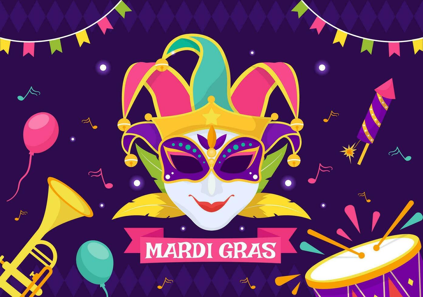 Karneval gras Karneval Vektor Illustration. Übersetzung ist Französisch zum Fett Dienstag. Festival mit Masken, Marakas, Gitarre und Gefieder auf lila Hintergrund
