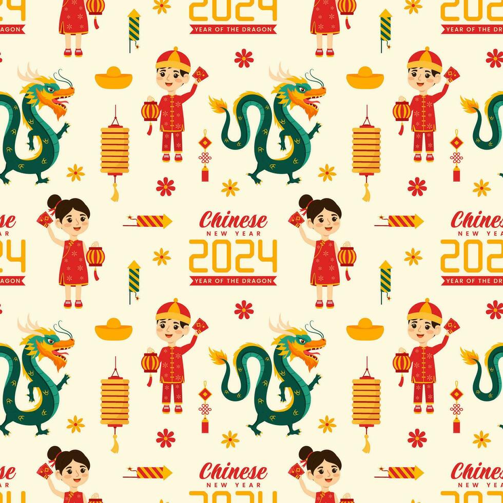 glücklich Chinesisch Neu Jahr 2024 nahtlos Muster Design. Übersetzung Jahr von das Drachen. mit Laterne, Drachen und China Elemente im eben Illustration vektor