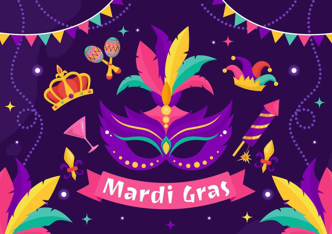 mardi gras karneval vektor illustration. översättning är franska för fett tisdag. festival med masker, maracas, gitarr och fjädrar på lila bakgrund