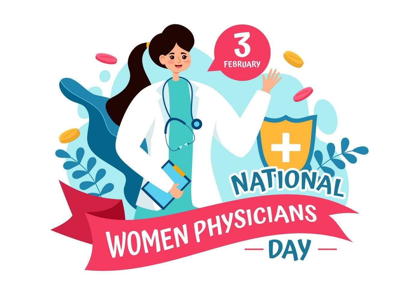 nationell kvinnor physicians dag vektor illustration på februari 3 till hedra kvinna doktorer tvärs över de Land i platt tecknad serie bakgrund design