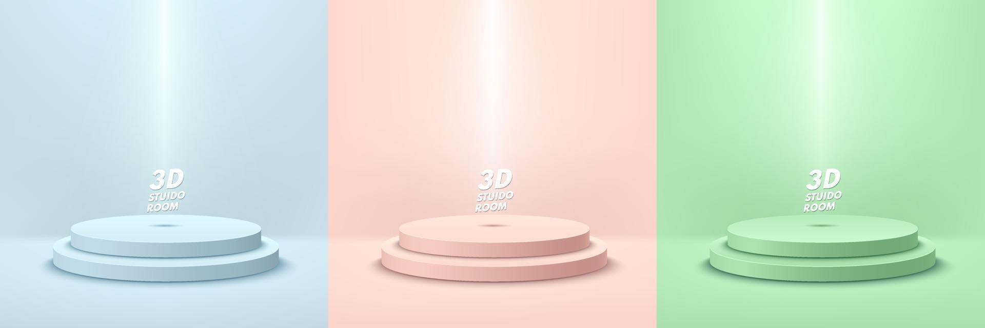 uppsättning 3d piedestal podium. blå, rosa, grön geometrisk plattformsdesign vektor