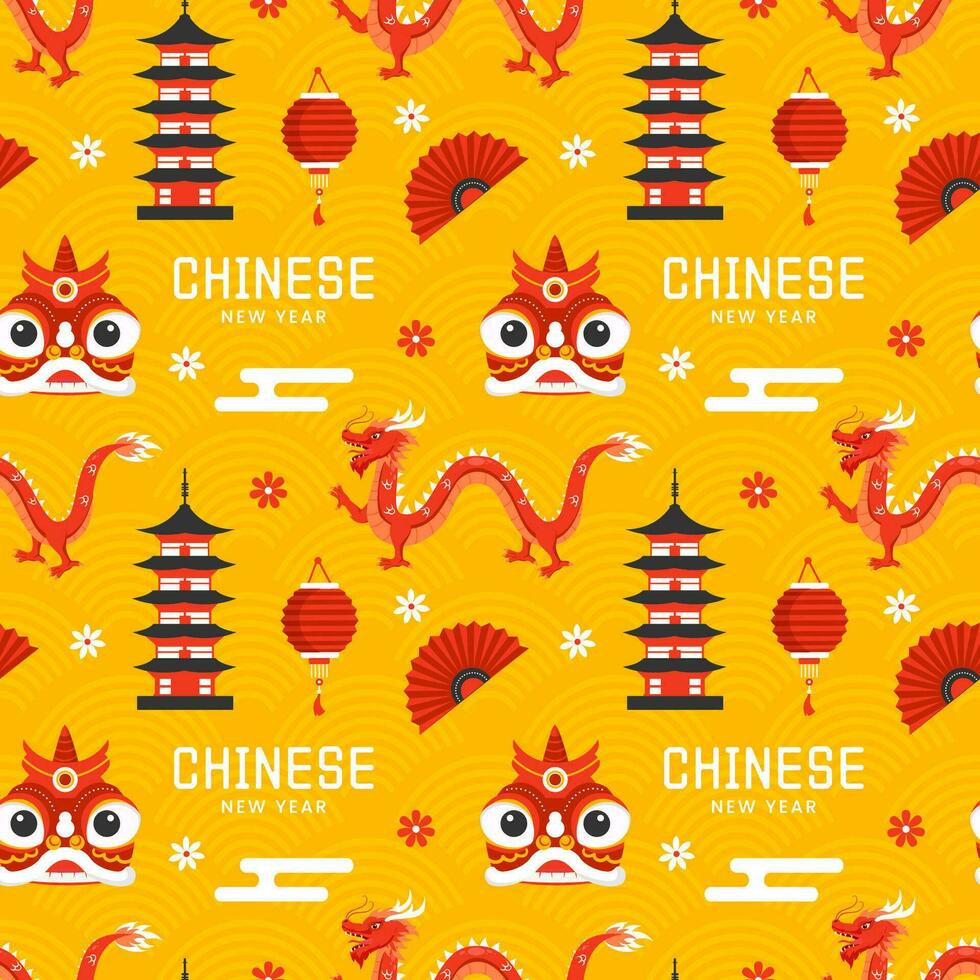 Lycklig kinesisk ny år 2024 sömlös mönster design. översättning år av de drake. med lykta, drakar och Kina element i platt illustration vektor