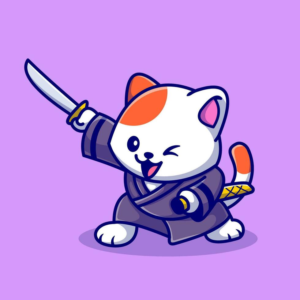süß Katze Samurai mit Schwert Karikatur Vektor Symbol Illustration. Tier Sport Symbol Konzept isoliert Prämie Vektor. eben Karikatur Stil