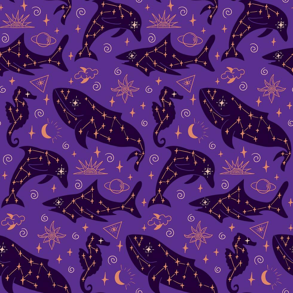esoterisch mystisch eben Muster mit Wal. Hand gezeichnet Meer Kreaturen auf lila Hintergrund. gut zum Hintergrund, Verpackung, Textil, Hintergrund, Scrapbooking vektor