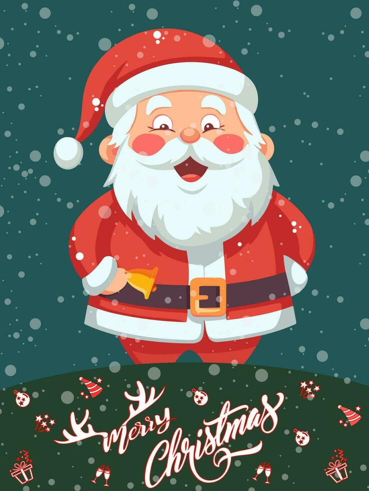 Weihnachten Karte, glücklich Santa claus halten Glocken mit etwas Ornament Weihnachten und Schnee fällt auf dunkel Blau Hintergrund vektor