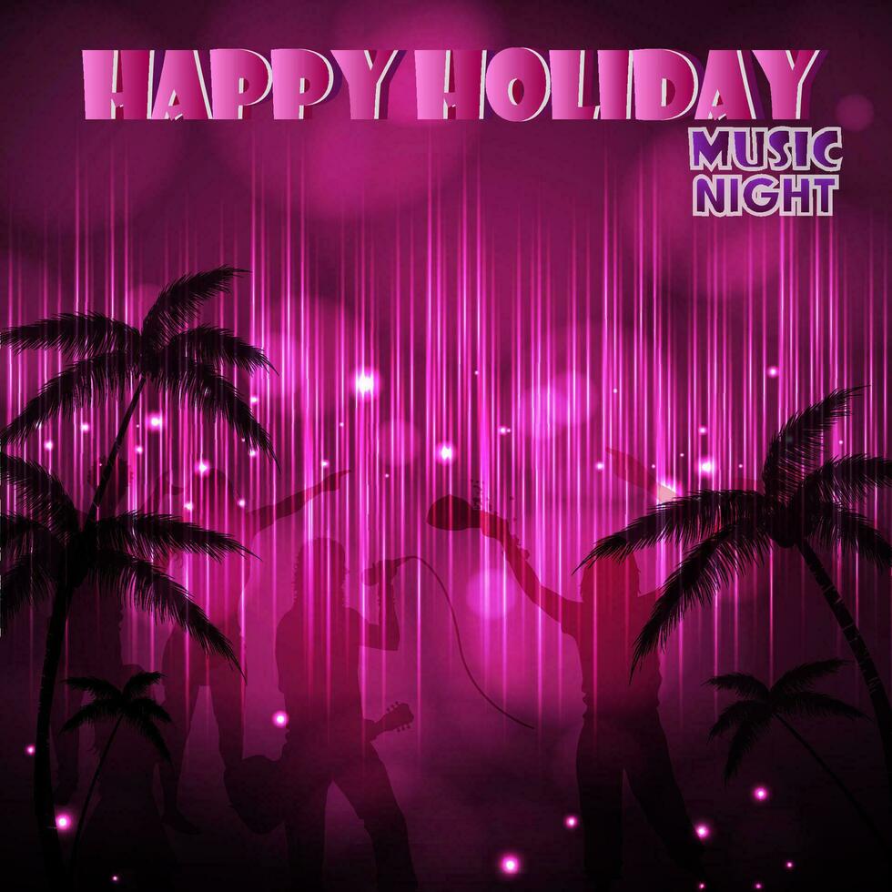 Lycklig Semester affisch baner natt musik, abstrakt rosa neon belysning, silhoutte människors dansa sjunga på under handflatan träd bakgrund vektor