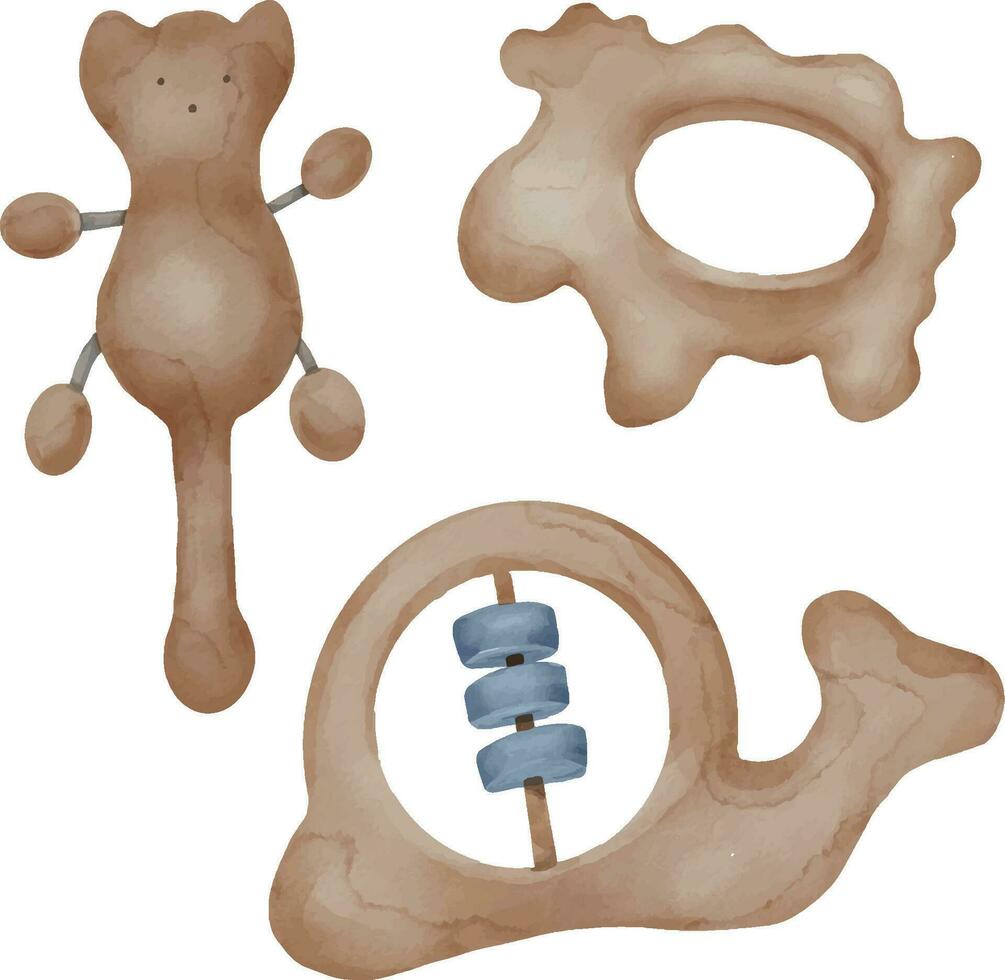 trä- leksaker för bebis vattenfärg illustration isolerat på vit bakgrund. hand dragen bönpåse och bitring. leksak för litet barn i pastell färger. element för födelsedag vykort eller nyfödd dusch, skriva ut vektor