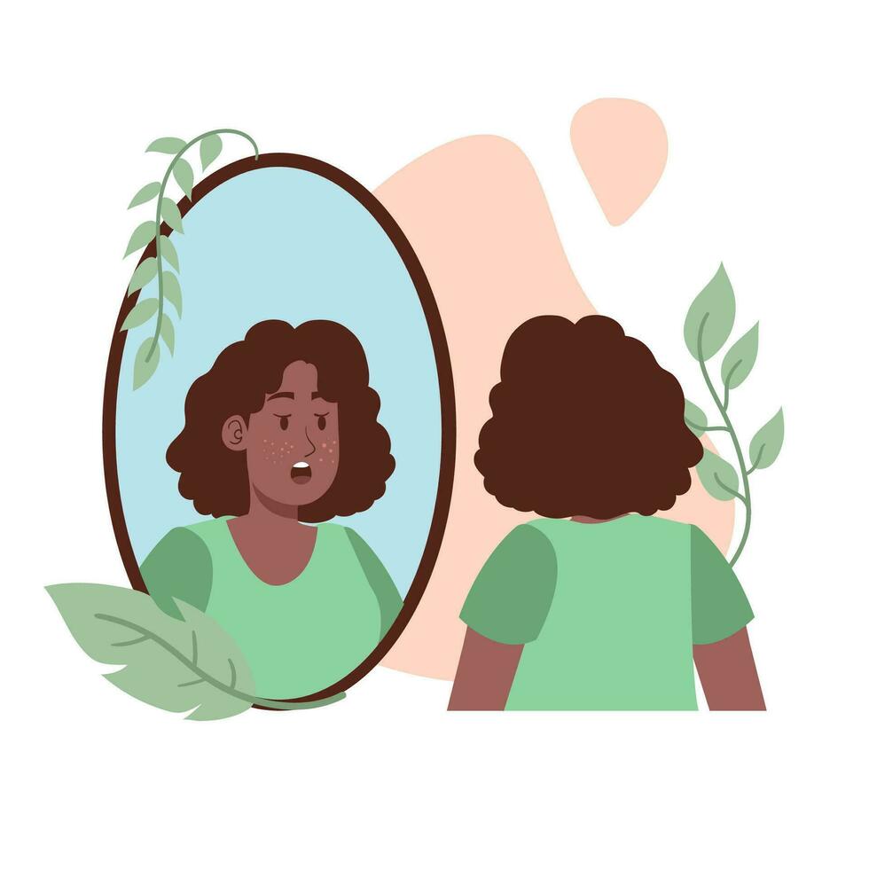 schwarz Frau Mädchen mit kurz Haar Schock mit Akne auf das Spiegel Sehen Gesicht Illustration mit Blätter Dekoration vektor