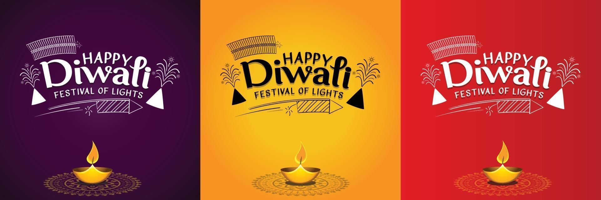 glada diwali -hälsningar med festliga dekorationer och fyrverkerier vektor