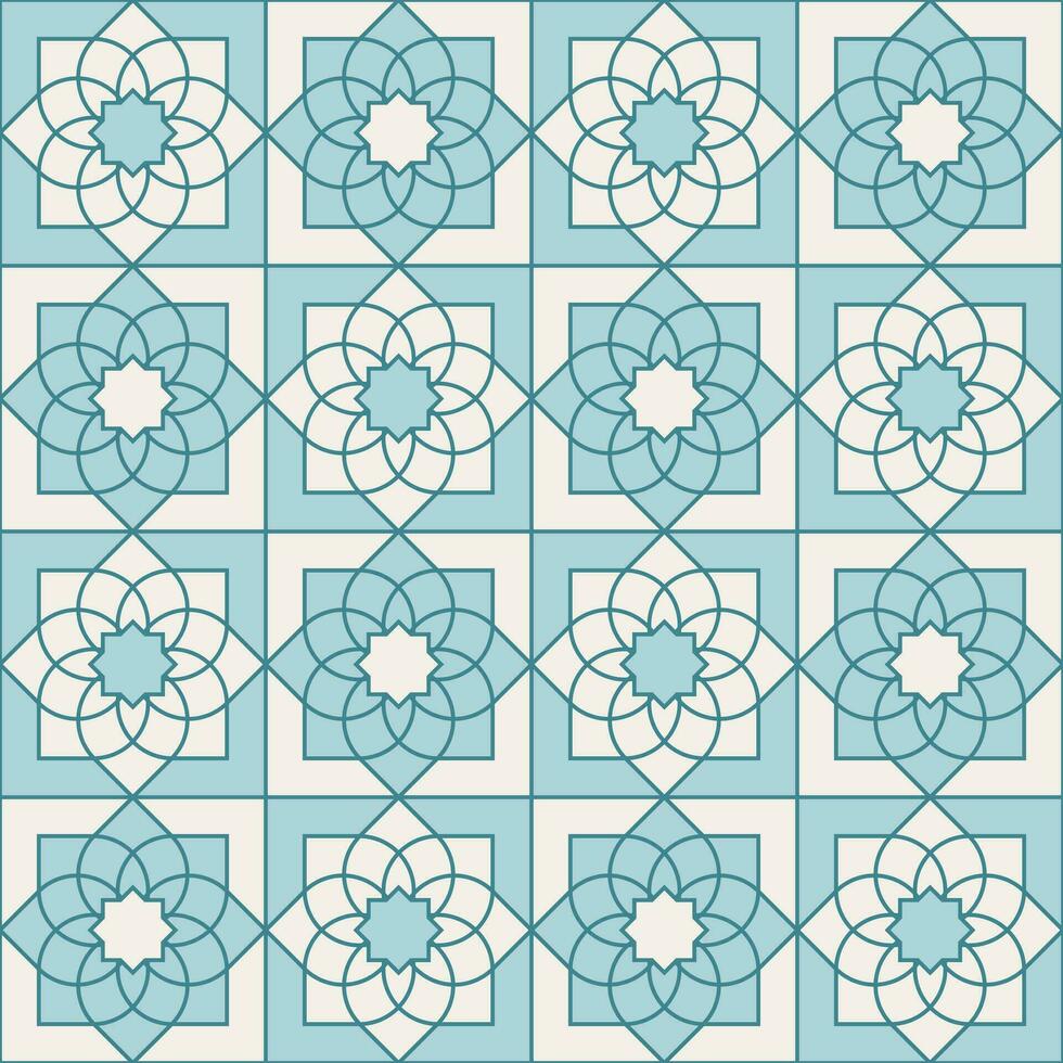 arabicum geometrisk mosaik- tryckbar sömlös mönster med abstrakt marockansk skriva ut i blå och orange färger. ramadan kareem traditionell islamic konst illustration bakgrund vektor