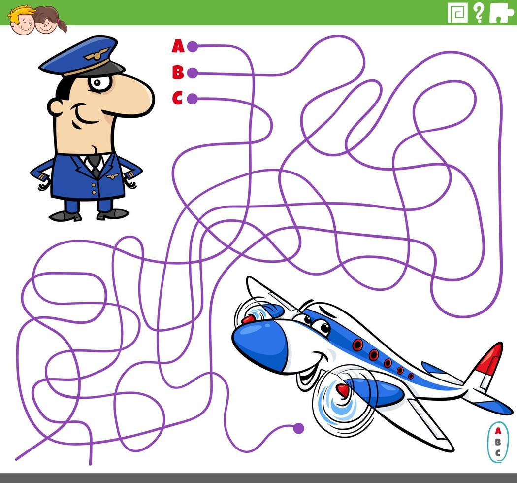 pedagogiskt labyrintspel med tecknad pilot och flygplan vektor