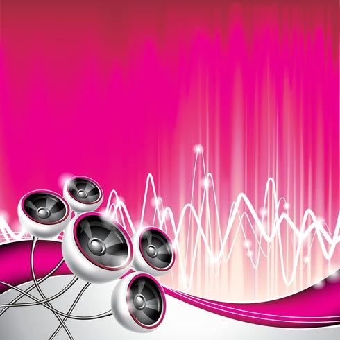 Vektor illustration på ett musikaliskt tema med högtalare på abstrakt våg bakgrund.