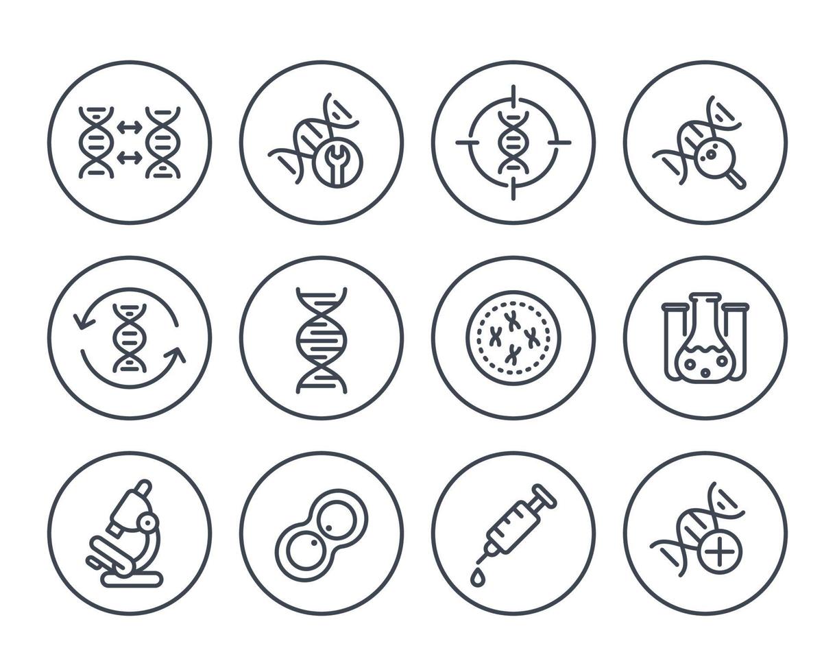 Genetik-Liniensymbole auf Weiß, DNA-Kette, Genforschung vektor