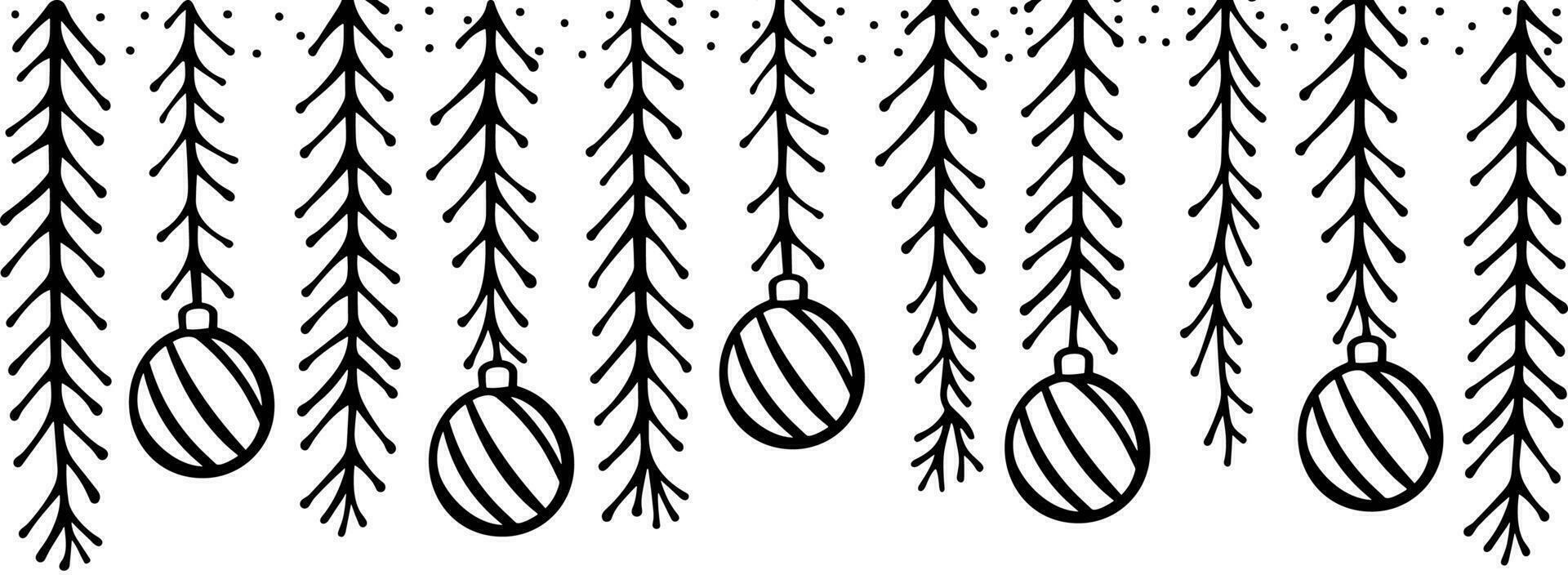 jul mönster med gran grenar och leksaker. skissat Semester kransar och dekorationer isolerat på vit bakgrund. hand dragen vektor illustration