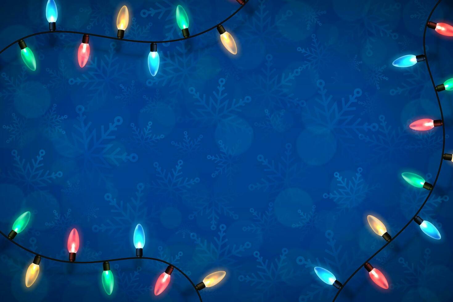jul blå bakgrund med lampor krans över vinter- tema mönster med snöflingor och suddig bokeh lampor. festlig design element för xmas Semester affisch, baner, kort eller social media inlägg vektor