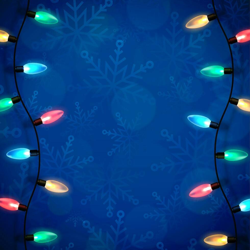 jul blå bakgrund med lampor krans över vinter- tema mönster med snöflingor och suddig bokeh lampor. festlig design element för xmas Semester affisch, baner, kort eller social media inlägg vektor