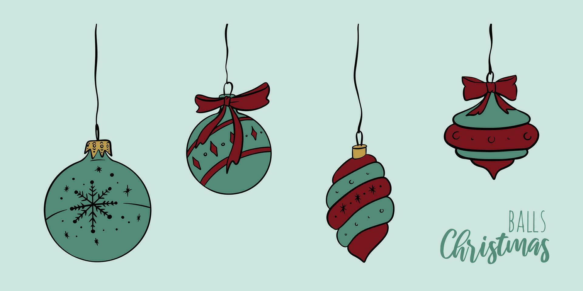 uppsättning av hand dragen xmas bollar vektor vinter- hängsmycke element. jul träd dekorationer illustration för presentation, baner, omslag, webb, flygblad, kort, försäljning, affisch, glida och social media.