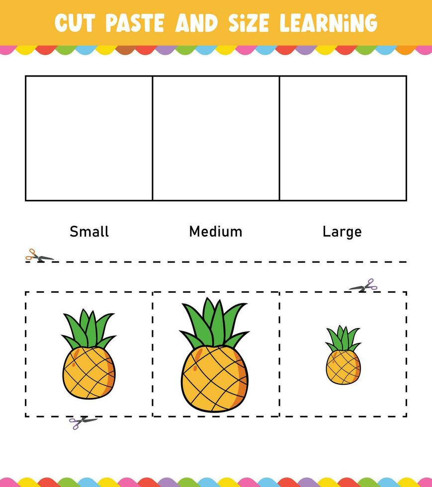 inlärning storlekar skära och klistra lätt aktivitet kalkylblad spel för barn med ananas vektor