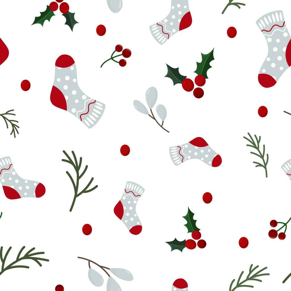 Winter Urlaub Muster mit Winter Pflanzen, Beeren und Socken. Design zum Weihnachten Dekoration, Verpackung Papier, drucken, Stoff oder Textil. Vektor Illustration