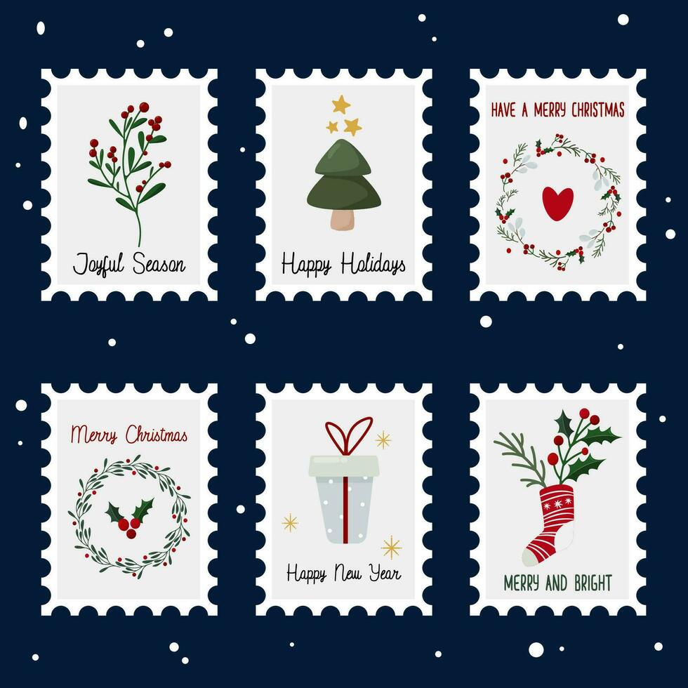 einstellen von Weihnachten Briefmarken einstellen mit Stechpalme Kranz, Tanne Baum, und andere Weihnachten Symbole vektor