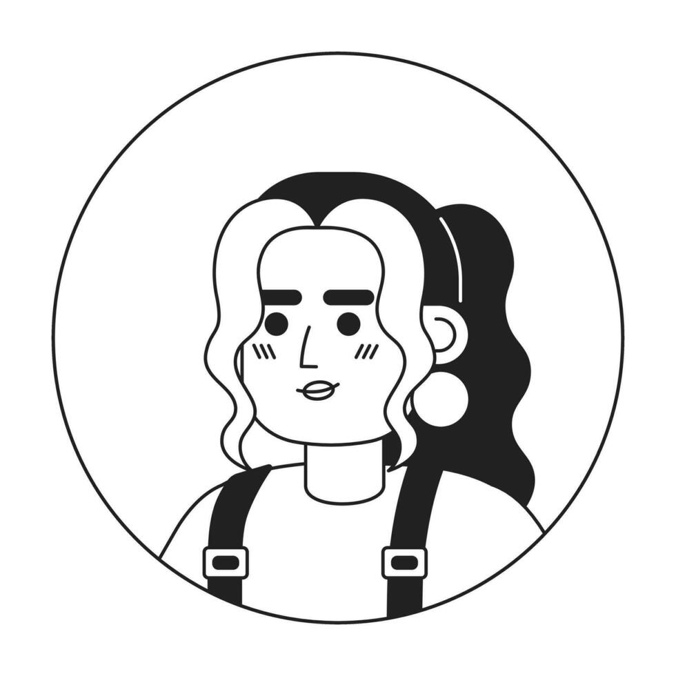 lockigt hår latina flicka avslappnad leende svart och vit 2d vektor avatar illustration. Framställ latin amerikan ung vuxen kvinna översikt tecknad serie karaktär ansikte isolerat. tillfällig huvudskott platt porträtt