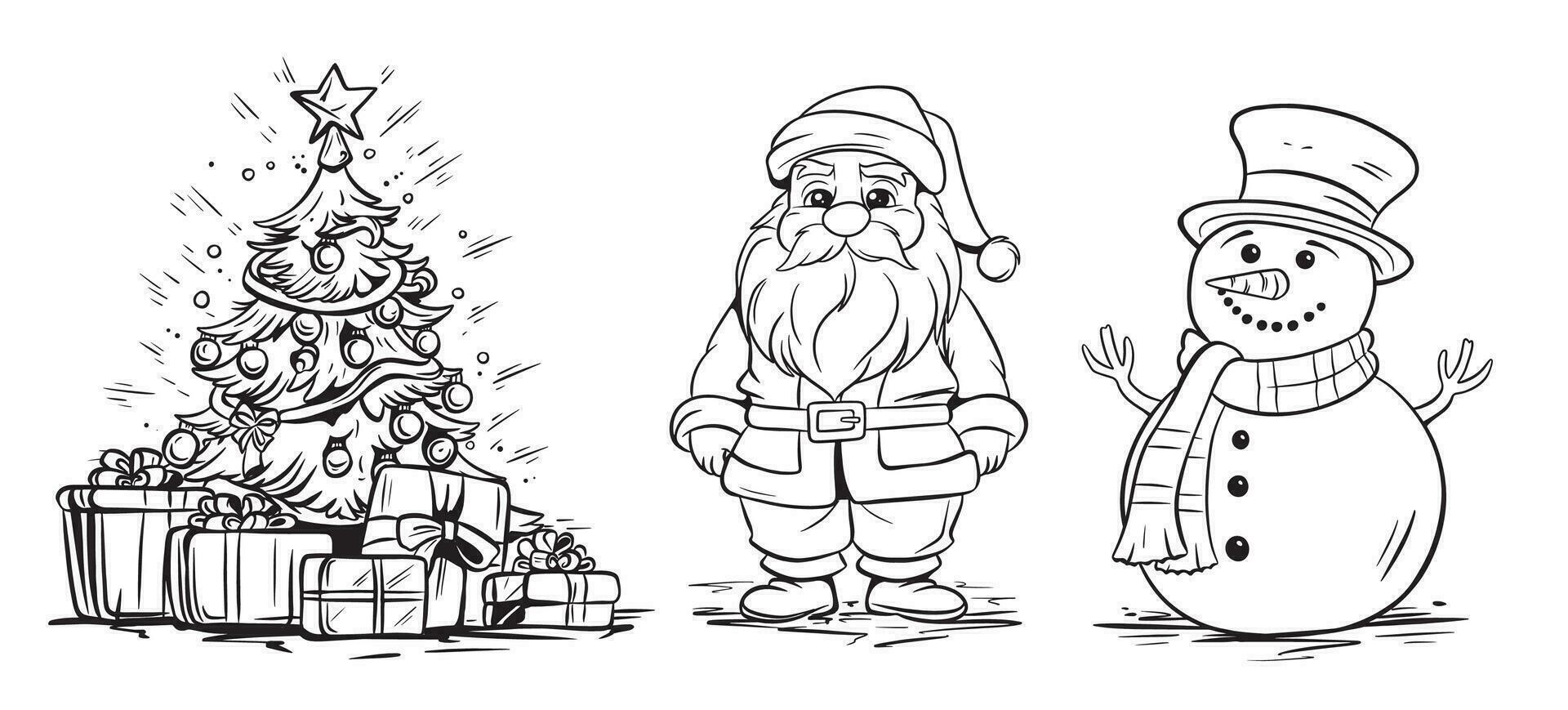 einstellen von Neu Jahr Elemente und Figuren. Weihnachten Baum mit Geschenke, Weihnachtsmann, Schneemann. vektor