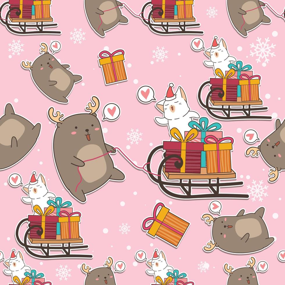 nahtloses Muster Weihnachtsmann-Katze mit Rentieren und Geschenken vektor