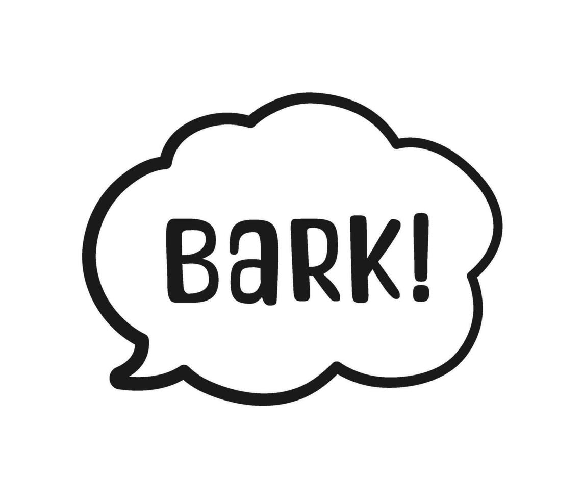 bark text i en Tal bubbla ballong översikt klotter linje konst. söt tecknad serie serier hund ljud effekt och text. vektor illustration.