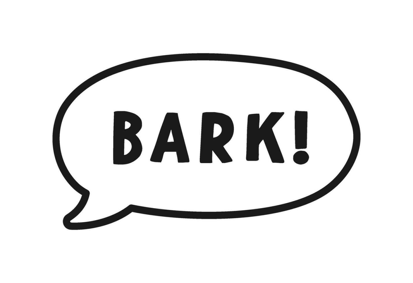 bark text i en Tal bubbla ballong översikt klotter linje konst. söt tecknad serie serier hund ljud effekt och text. vektor illustration.