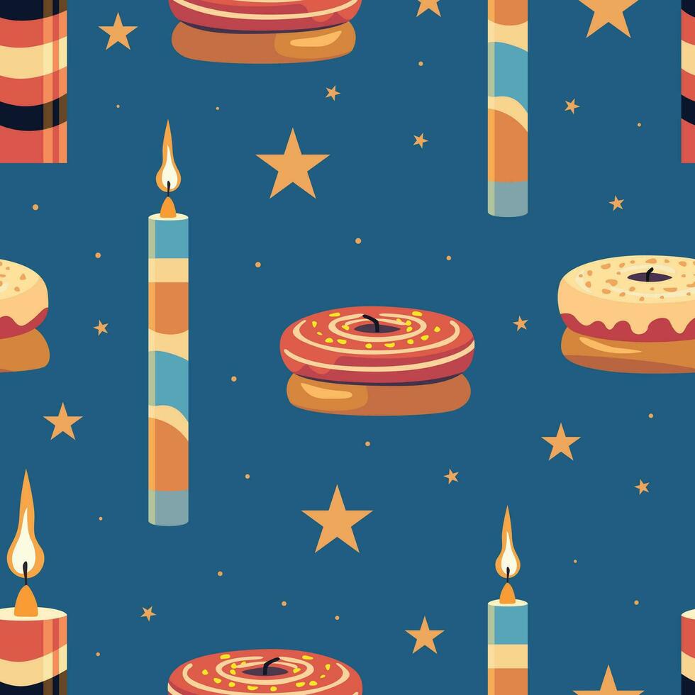 wunderlich Vektor Muster feiern Chanukka festlich Donuts und glühend Kerzen erstellen ein herrlich Design zum das Festival von Beleuchtung.