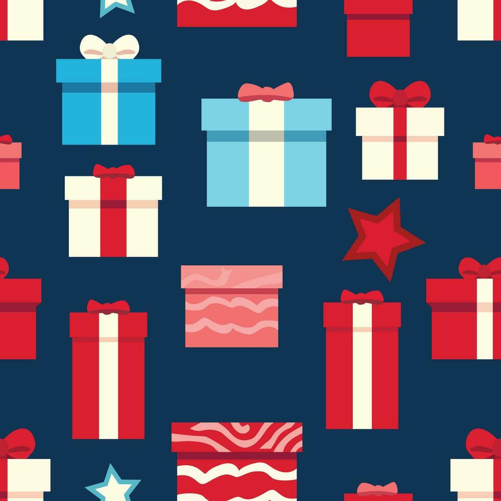 festlich Weihnachten Vektor Muster beschwingt Geschenk Kisten geschmückt mit Bögen und Bänder, Verbreitung Urlaub Freude im ein wunderlich und froh Design.