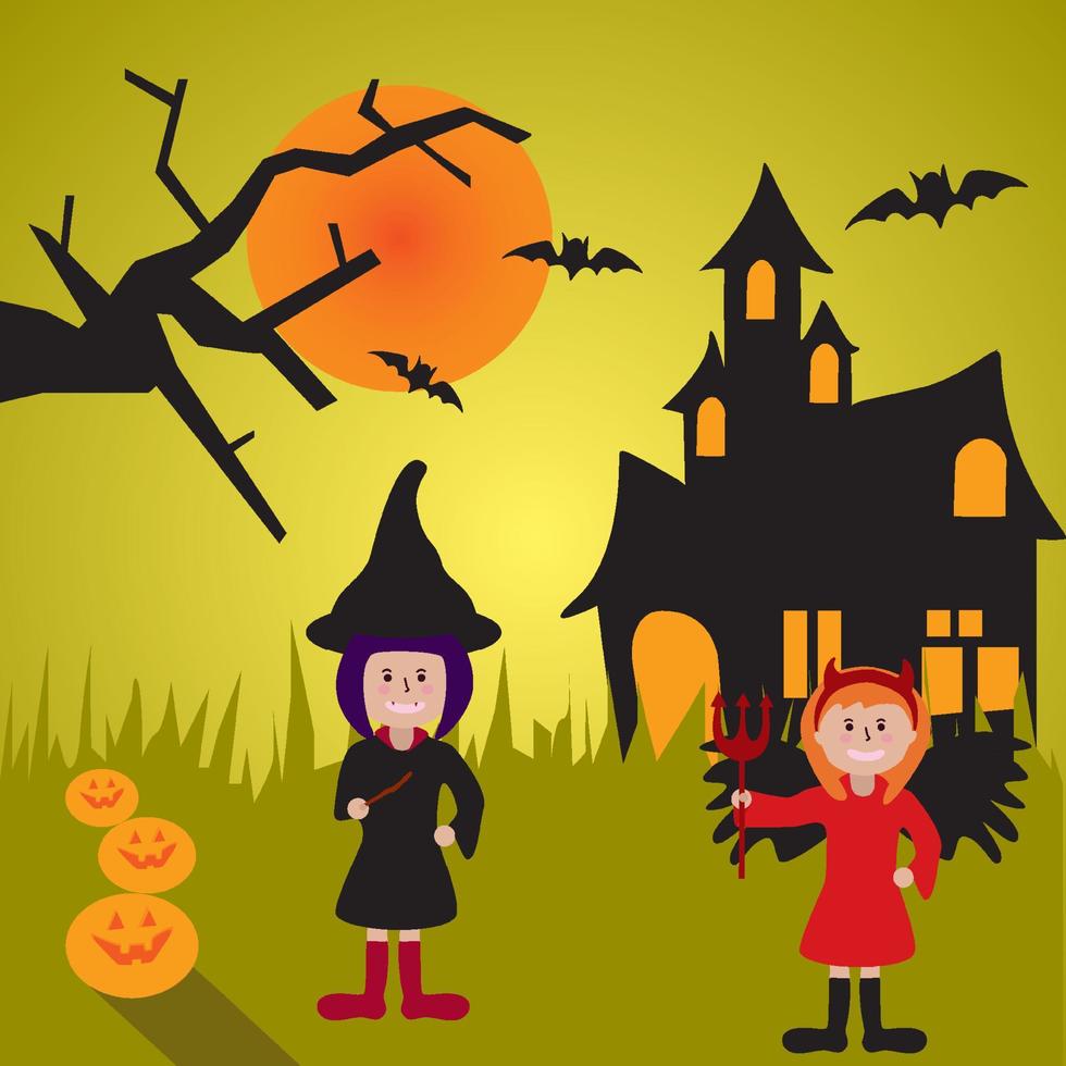 halloween häxa och barn med jagad slott bakgrund vektor