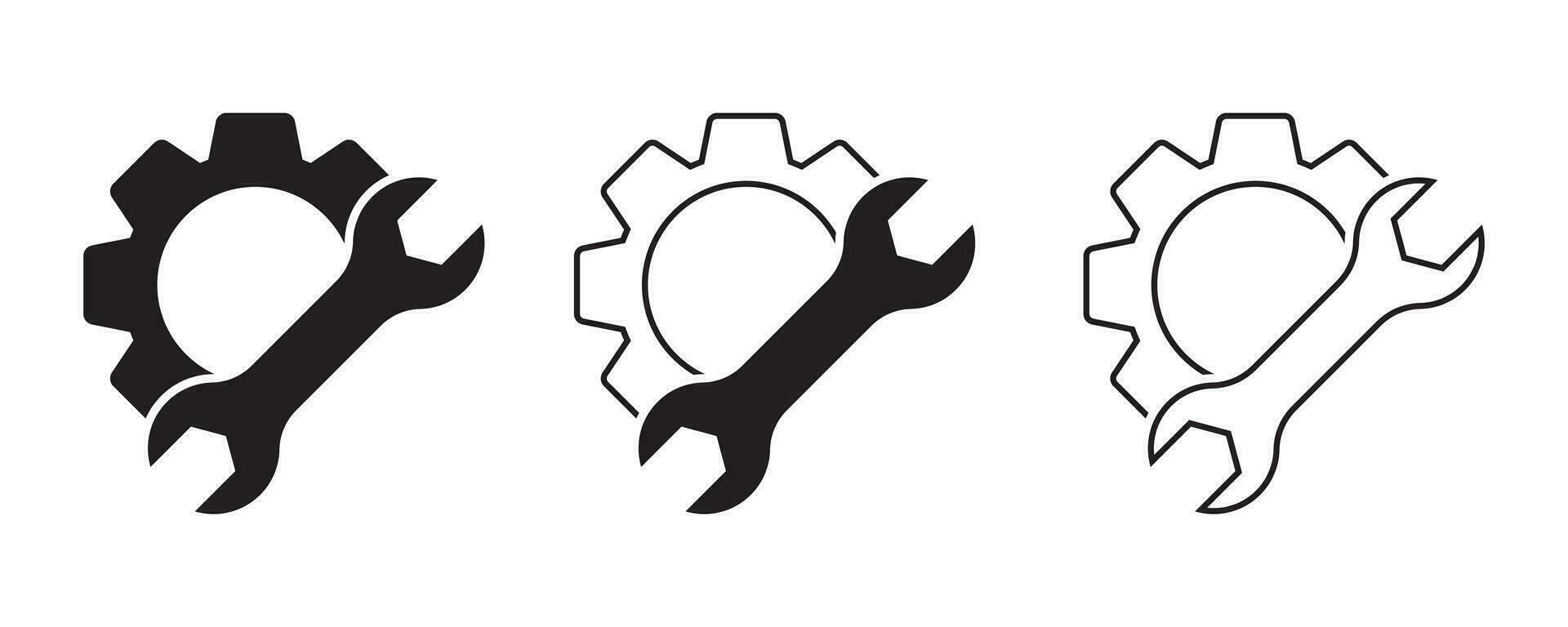 Herstellung Vektor Symbole. Bedienung Vektor Symbole Satz. Ausrüstung Rad und Schlüssel Symbol.