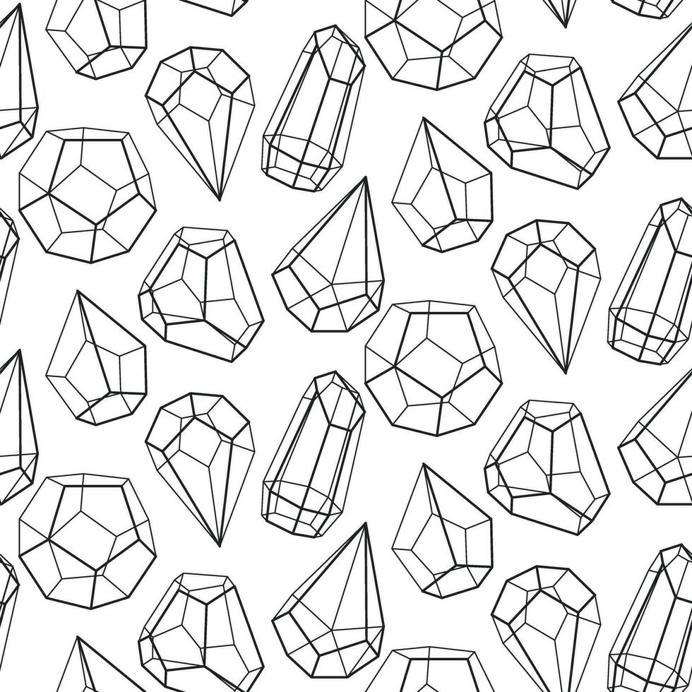 mönster inramning översikt av geometrisk former. objekt av pyramider, kuber av mineraler. vektor illustration. svart konturer på en vit bakgrund, transparent former av ansikten. glas behållare upprepa