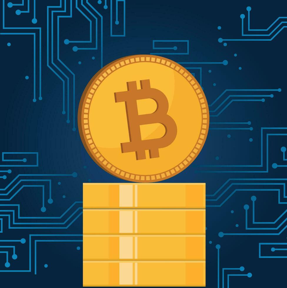 illustration av en bitcoin mynt på en lugg av mynt med en teknologisk bakgrund vektor