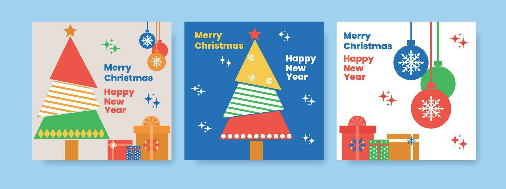 einstellen von Urlaub Karten zum Weihnachten und Neu Jahr. Gruß Karte mit Weihnachten Bäume, Bälle und Geschenke zum Banner, Poster, Abdeckungen. vektor