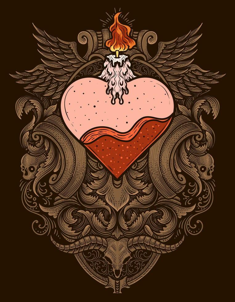 illustration hand ritade. årgång kärlek hjärta med gravyr prydnad vektor