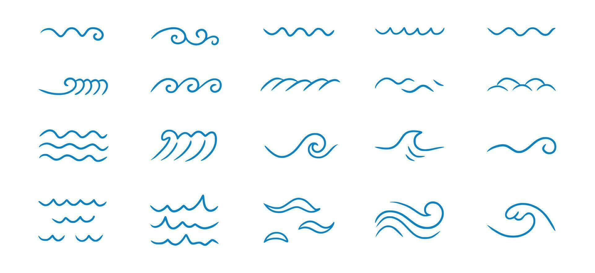 Welle Meer Linie Gekritzel Symbol Satz. Hand gezeichnet skizzieren Wasser Welle Umriss. einfach Kurve, kritzeln aqua Fluss. isoliert vektor